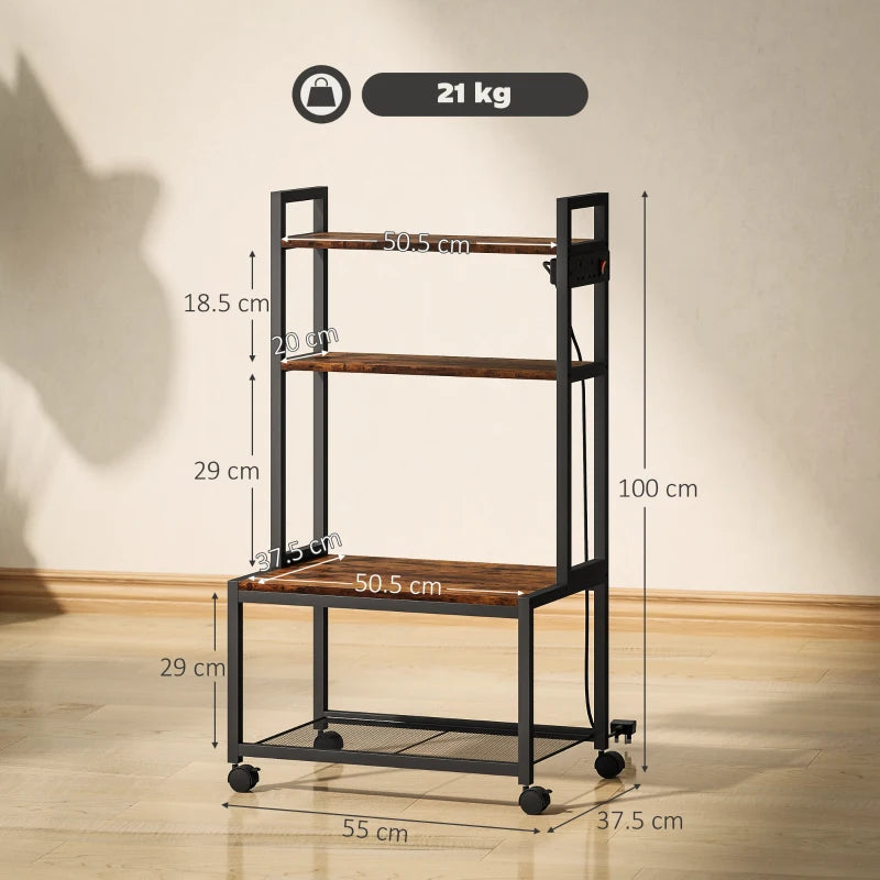 Rustic Brown 4-Tier Printer Stand with Power Outlets & Wheels - Mobile Office Storage Solution