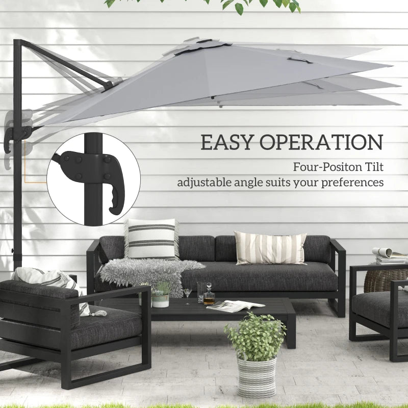 Adjustable Light Grey Cantilever Parasol with Solar LED Lights