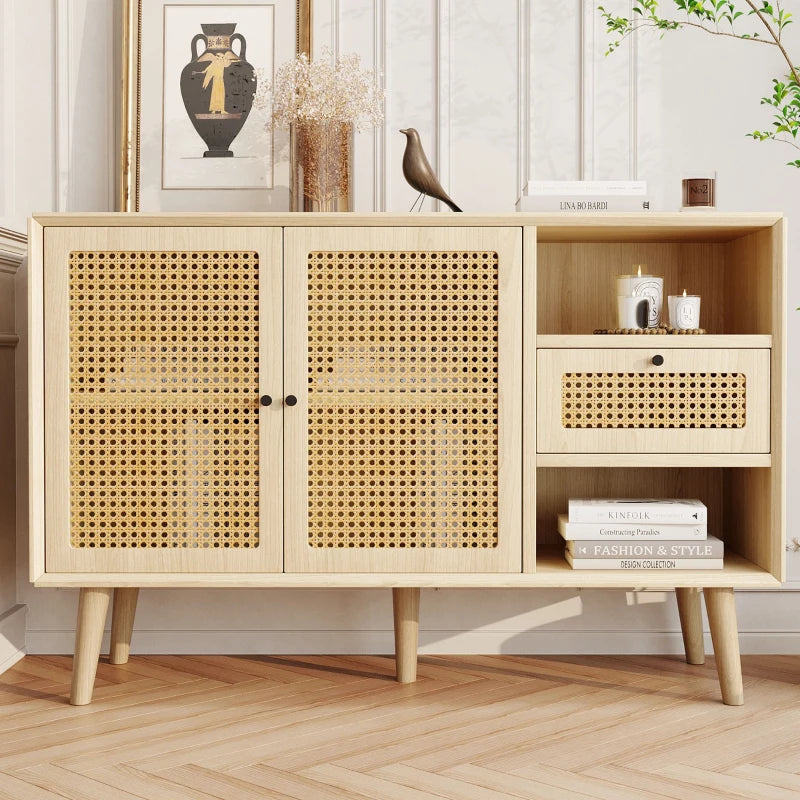 Modern Light Oak Sideboard with Woven Doors, Drawers & Unique Legs - 120L x 40W x 80H cm, Stylish Storage Solution