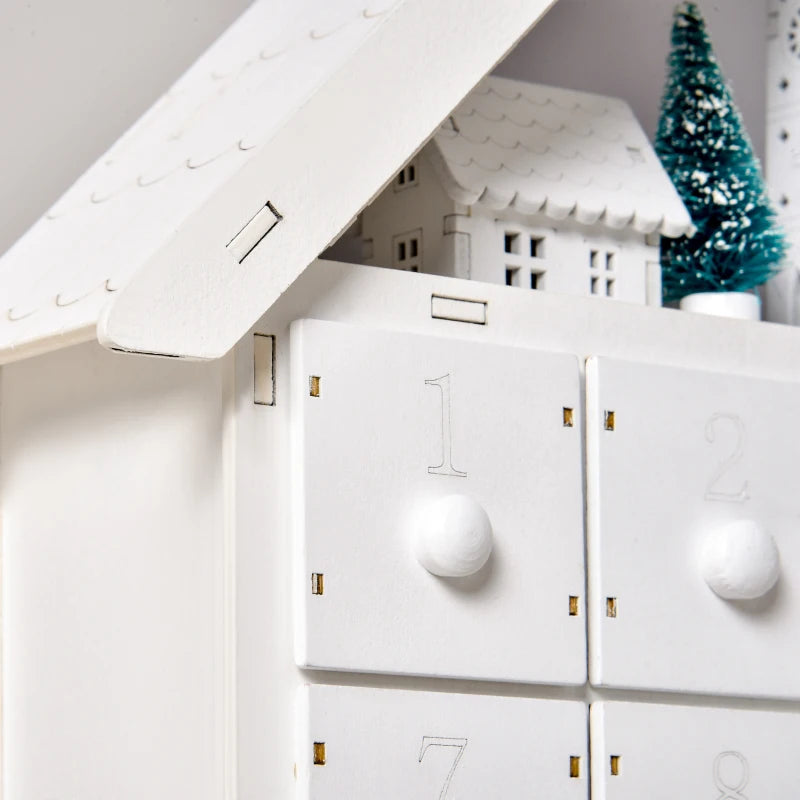 24-Drawer Light-Up Wooden Christmas Advent Calendar - Traditional Holiday Countdown Decoration for Kids & Adults - White House Design