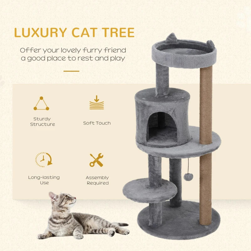 104 cm Grey Cat Tree Condo Tower - Activity Centre with Scratching Posts, Plush Perch & Hanging Ball for Cats