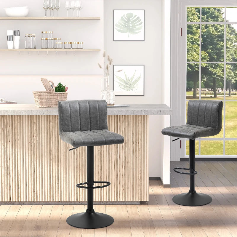 Adjustable Swivel Barstools Set of 2 - Grey PU Leather Counter Chairs with Footrest & Gas Lift