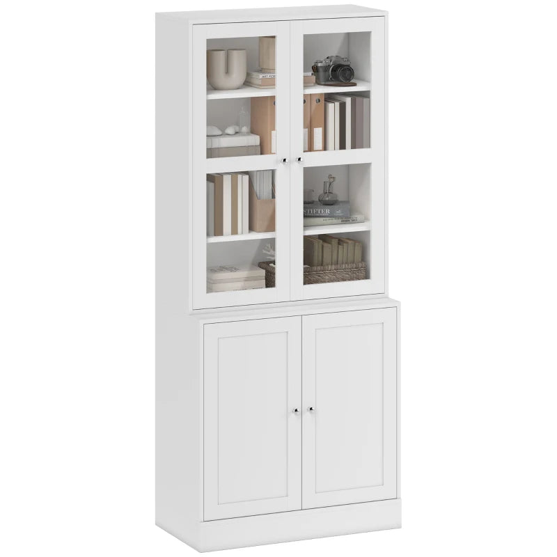 Modern White Bookcase with Glass Doors - Adjustable Shelves Display Storage Cabinet for Living Room, Study, Home Office & Kitchen
