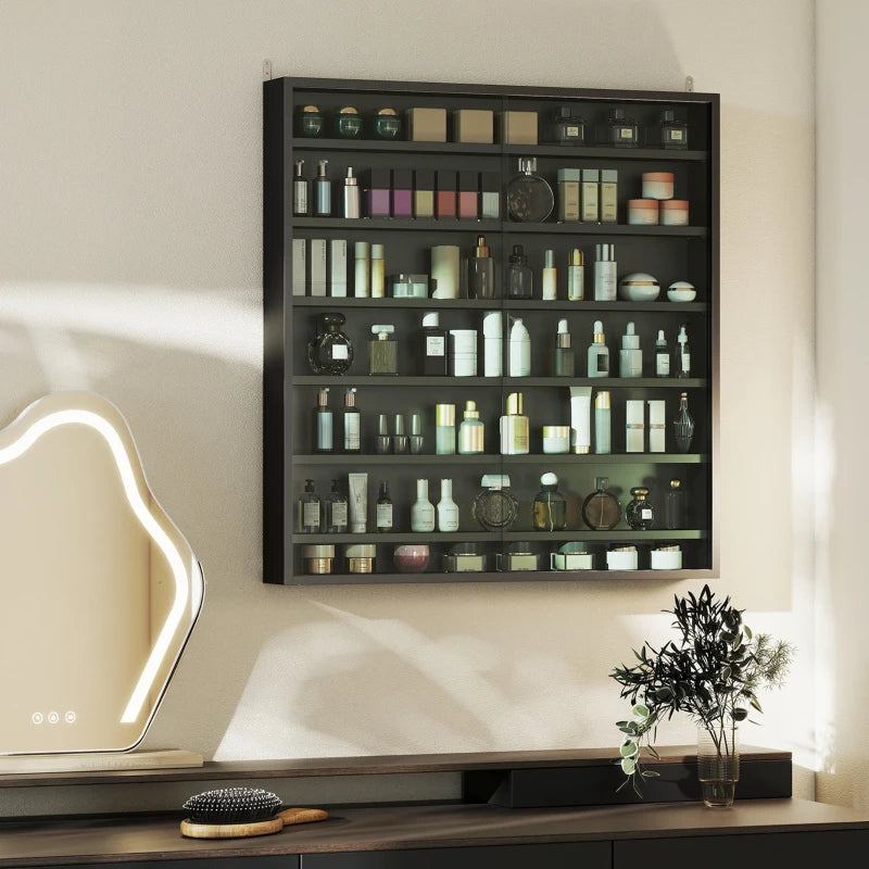 Modern Black Six Shelf Display Cabinet with Glass Doors - Stylish Storage Solution for Home or Office