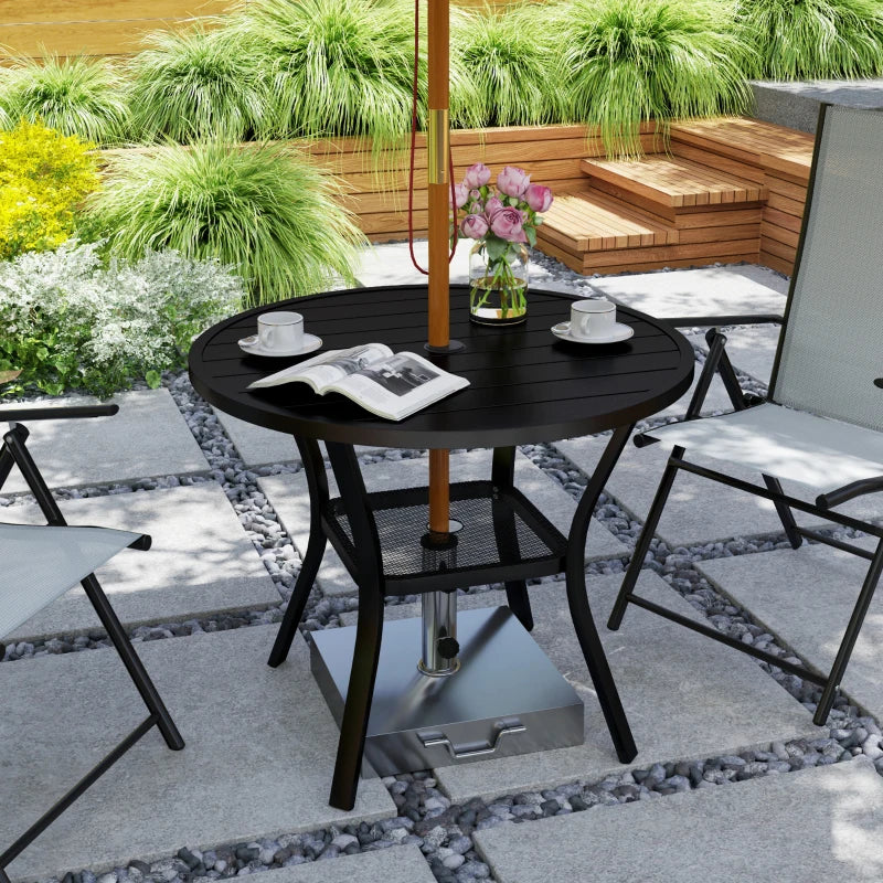 90 cm Round Black Garden Dining Table with 4-5 cm Parasol Hole, Steel Slatted Top and Wire Shelf for Outdoor Balcony and Porch