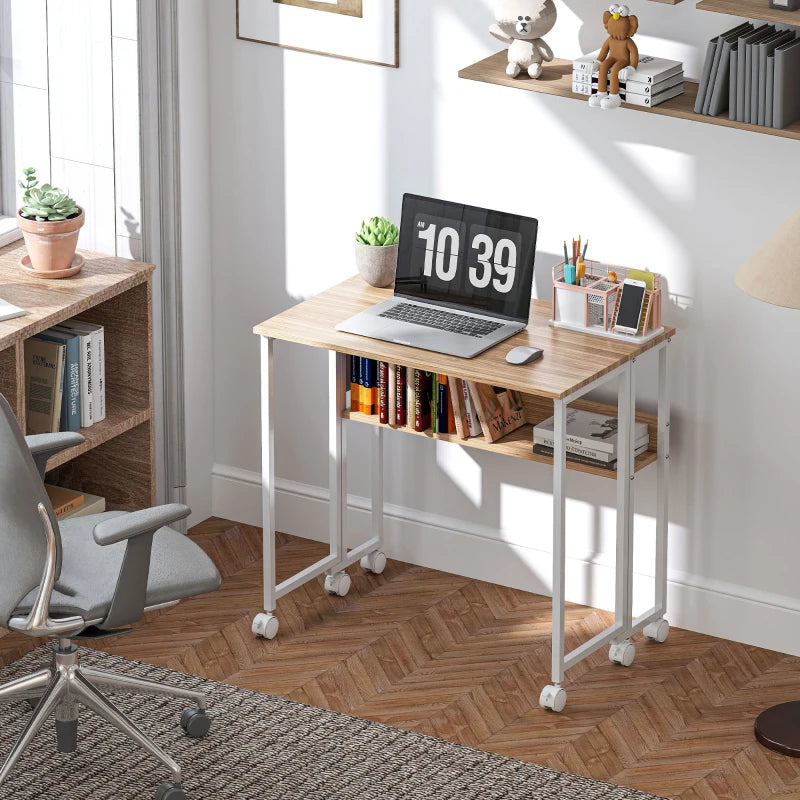 80 cm Drop Leaf Writing Desk - Natural Wood Finish, Space-Saving Home Office Table, Stylish and Functional Workstation