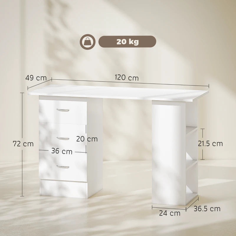 Modern White Computer Desk with 3 Storage Shelves & Drawers, Stylish Writing Table for Home Office, Silver Handle