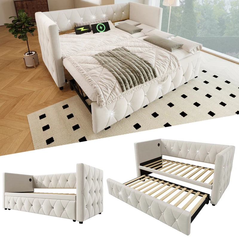 3 Seater Futon Bed with Fast Charging Ports and Removable Trundle for Overnight Guests Beige