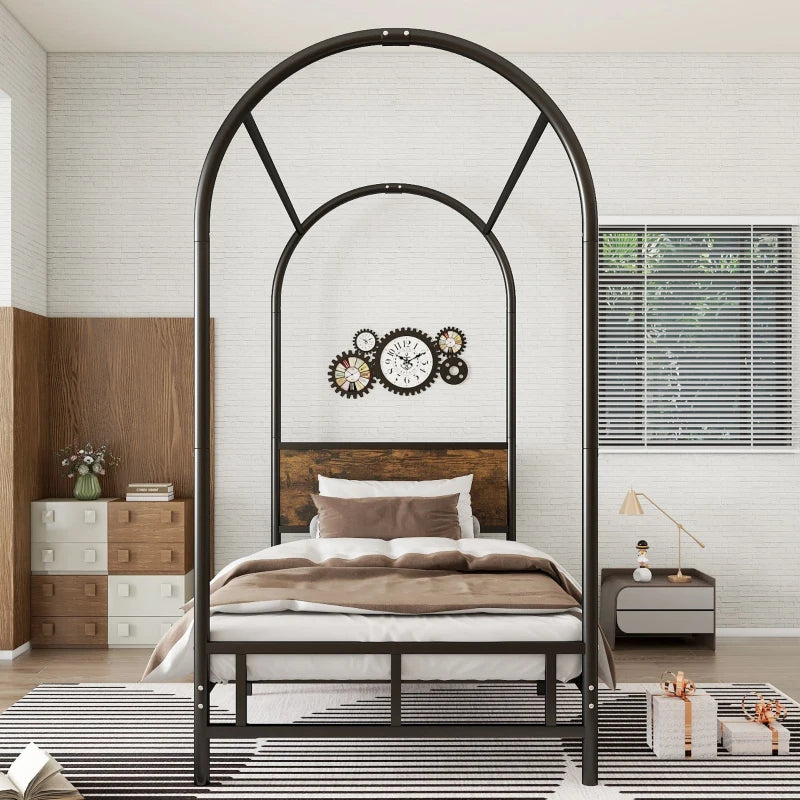 Durable Metal Canopy Bed Frame with Wood Headboard - Easy Self-Installation, Black, 195L x 90.5W x 192H cm