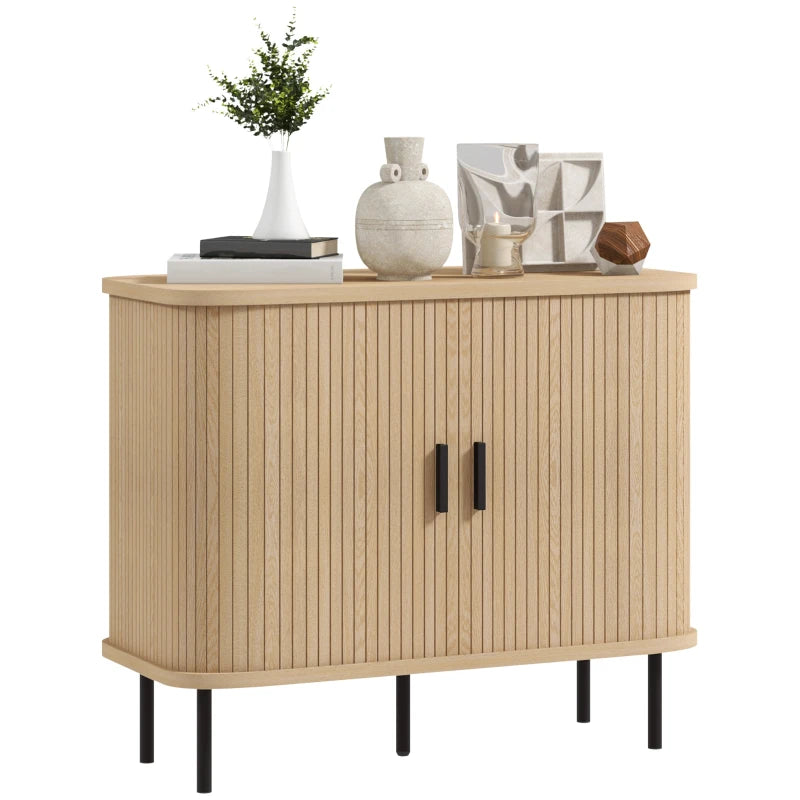 Mid-Century Modern Sideboard Storage Cabinet with Sliding Doors and Steel Legs in Oak Tone