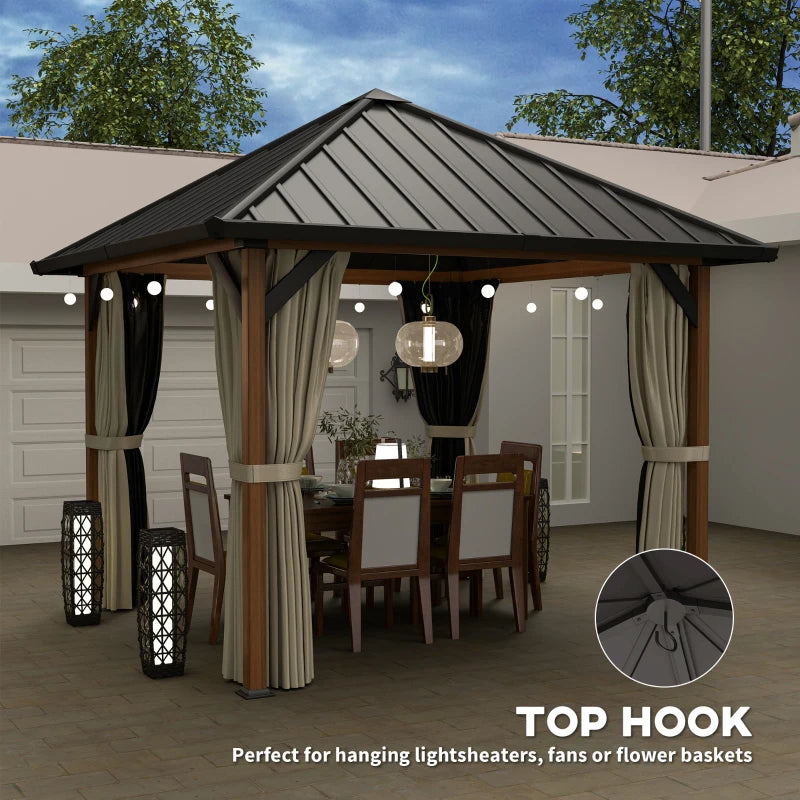 3x3m Hardtop Gazebo - Waterproof Galvanised Steel Roof Pavilion with Netting and Curtains - Walnut Wood Finish Garden Canopy