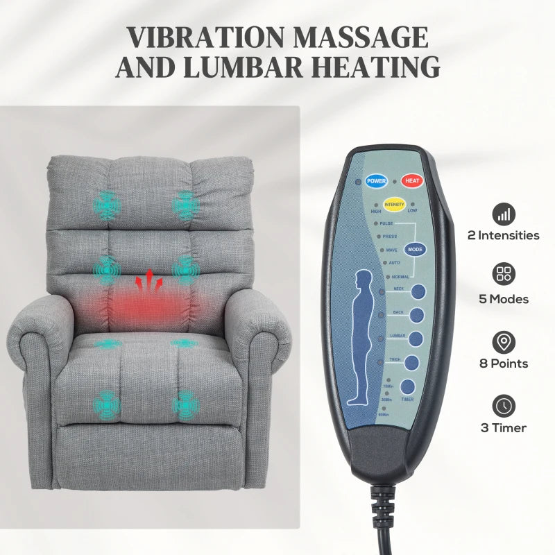 Electric Massage Rise and Recline Armchair in Grey for Ultimate Comfort and Relaxation