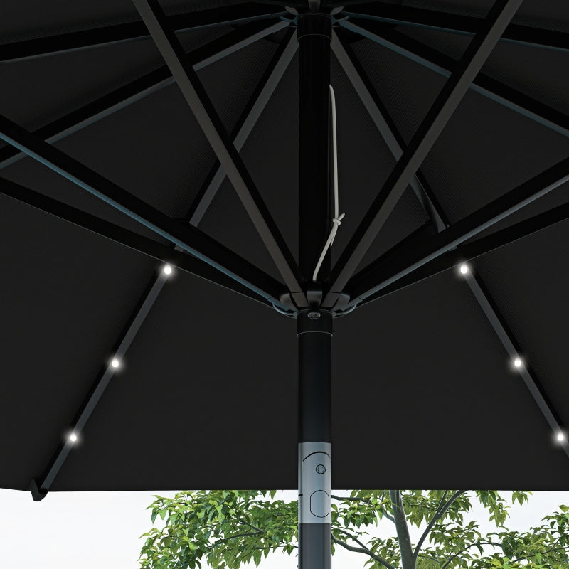 Black Solar LED Garden Parasol with Tilt Function - 2.7m