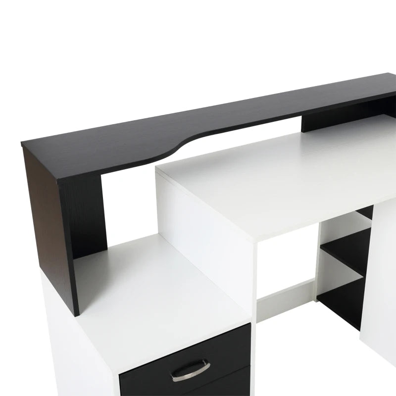 Modern Computer Desk with Drawers & Storage Shelves - Large Office Writing Table with Printer Stand, Black & White, 137x55x92cm