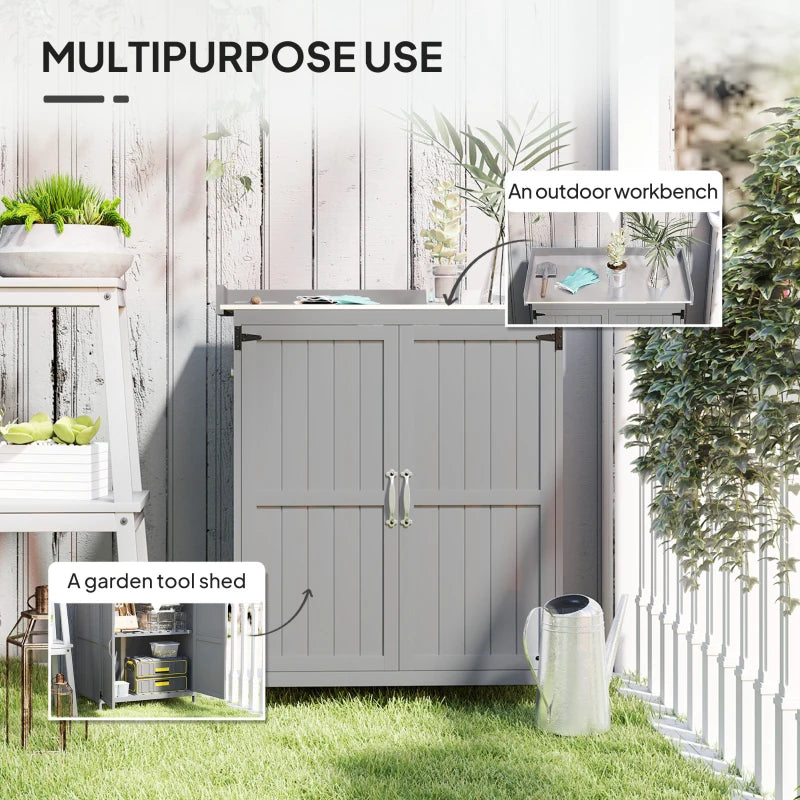 Wooden Garden Shed - Grey Outdoor Storage Cabinet with Hinged Roof, Shelf & Double Doors - 4x6 ft