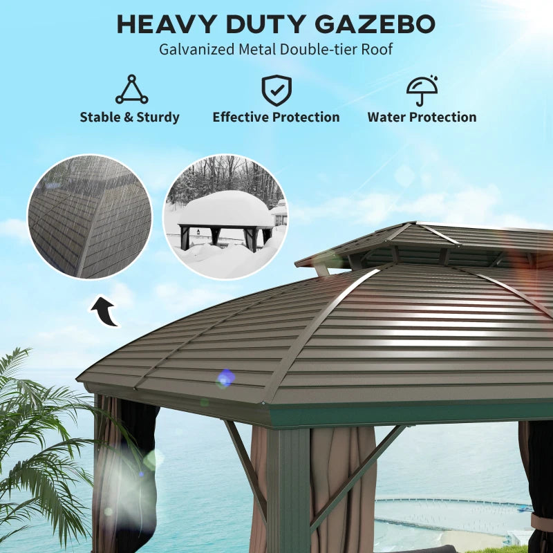 3.65m x 3m Hardtop Steel Gazebo Canopy - Aluminium Frame, Double Roof, Net Sidewalls & Curtains in Coffee