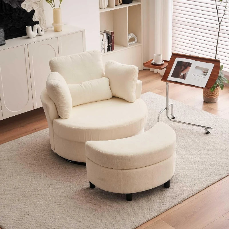 Ivory Chenille Swivel Armchair with Cushions and Ottoman Stool, 360° Recliner Sofa, 107L x 105W x 82H cm