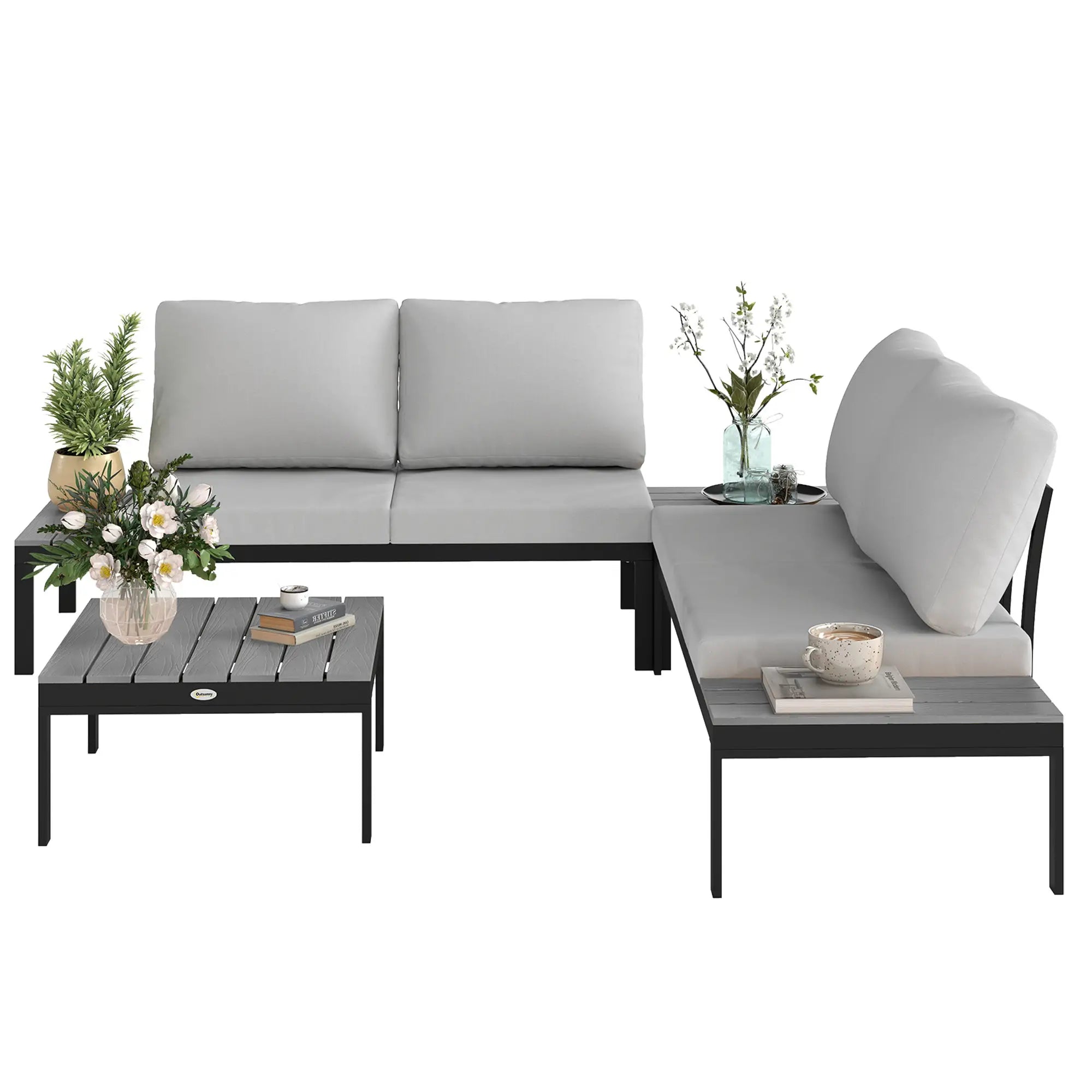 Grey Four-Piece Garden Corner Sofa Set with 2 Loveseats and 2 Coffee Tables