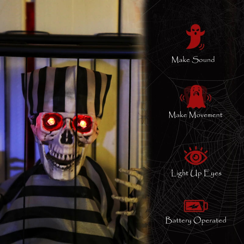 Halloween Animated Skeleton Prisoner in Cage with Glowing LED Eyes - Spooky Battery Operated Indoor Decorations for Parties