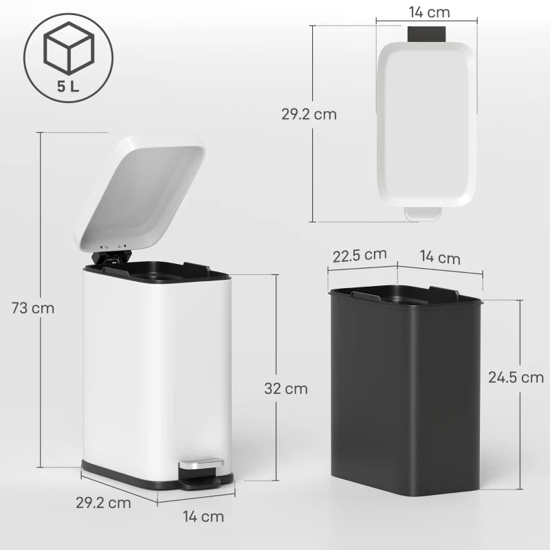 5L Rectangular Compact Steel Trash Can with Removable Bucket & Quiet-Close Lid - Ideal for Home, Office, Bathroom, Living Room - Clean White