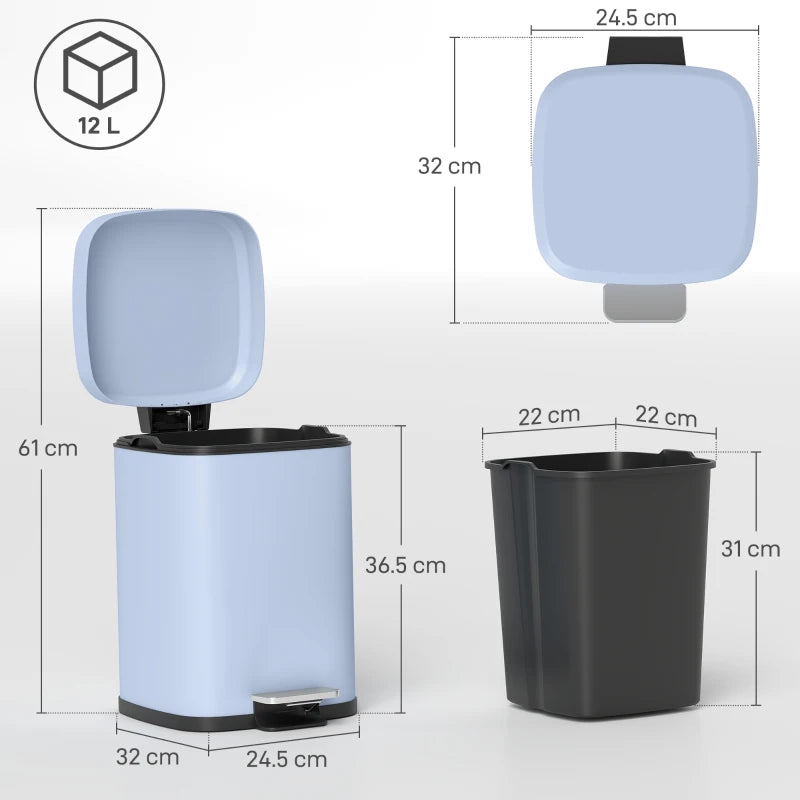 12L Modern Boxy Metal Kitchen Bin - Stylish Light Blue Trash Can for Home Organization & Waste Management