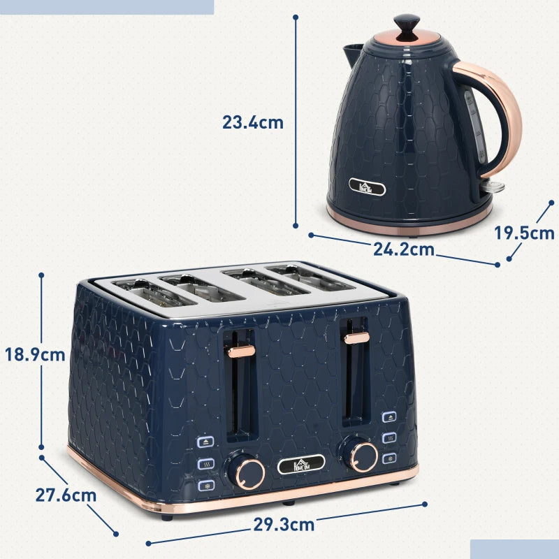 Blue Kettle and Toaster Set - 1.7L Fast Boil Jug Kettle & 4 Slice Toaster with 7 Browning Levels, UK Thermostat