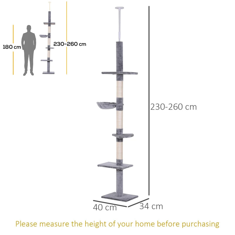 Adjustable 5-Tier Cat Tree 230-260cm - Floor to Ceiling Cat Tower with Scratching Post, Hammock & Perches for Indoor Kittens - Grey