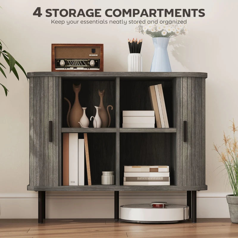 Mid-Century Modern Sideboard Storage Cabinet with Slatted Tambour Doors & Steel Legs - Stylish Grey Kitchen Cabinet