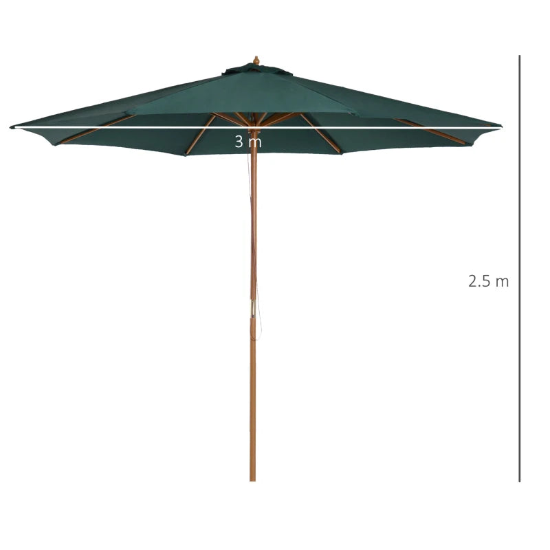 Dark Green 3m Wooden Patio Umbrella with Pulley Mechanism