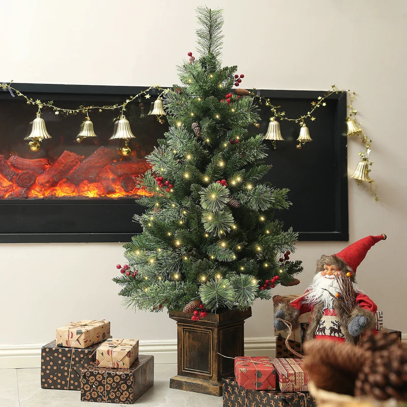 4ft Artificial Christmas Tree with 100 Warm White LED Lights, Red Berries & Pine Cones, 8 Modes, Retro Base