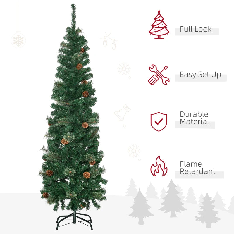 5.5FT Slim Pencil Artificial Christmas Tree with Realistic Branches, Pine Cones & Needles - Perfect Xmas Decoration, Green
