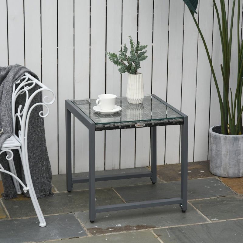 Grey Rattan Outdoor Patio Side Table With Metal Frame