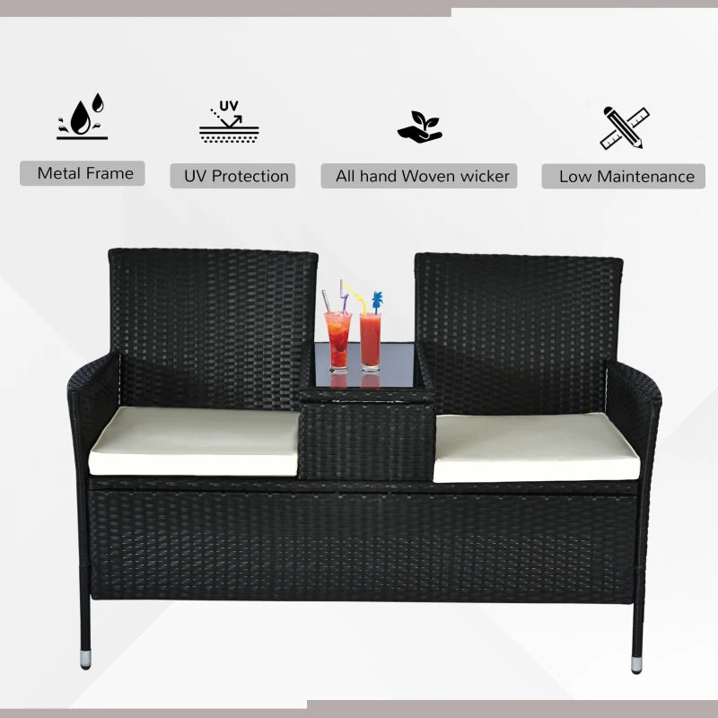 Black Rattan 2-Seater Outdoor Patio Loveseat with Drink Table