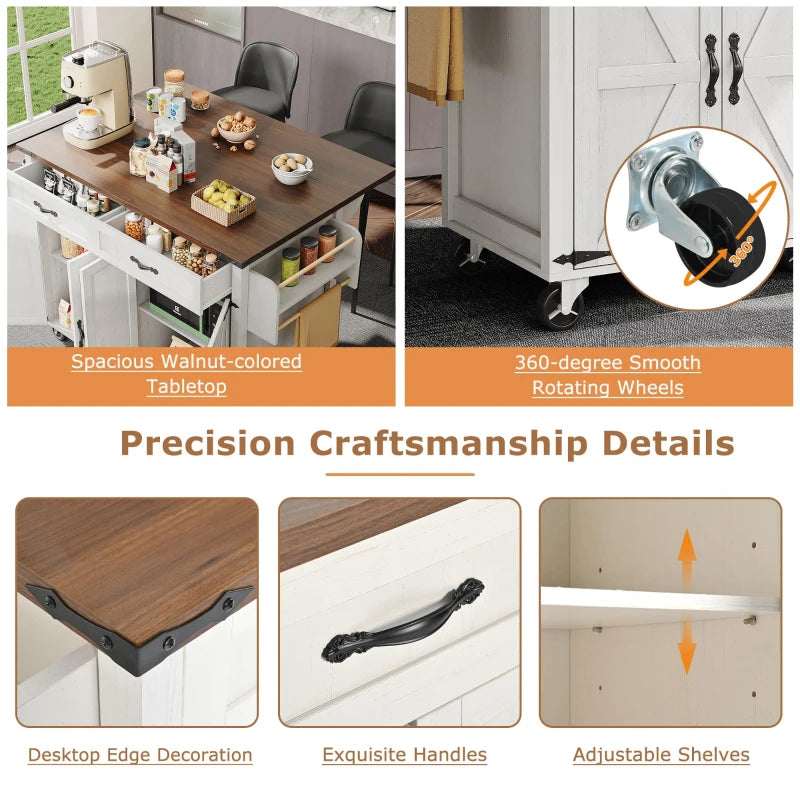 Farmhouse Style Kitchen Island Trolley - Adjustable Shelf, Cabinets & Drawers, Modern Rolling Storage Cabinet, White, 140x73x90.5 cm