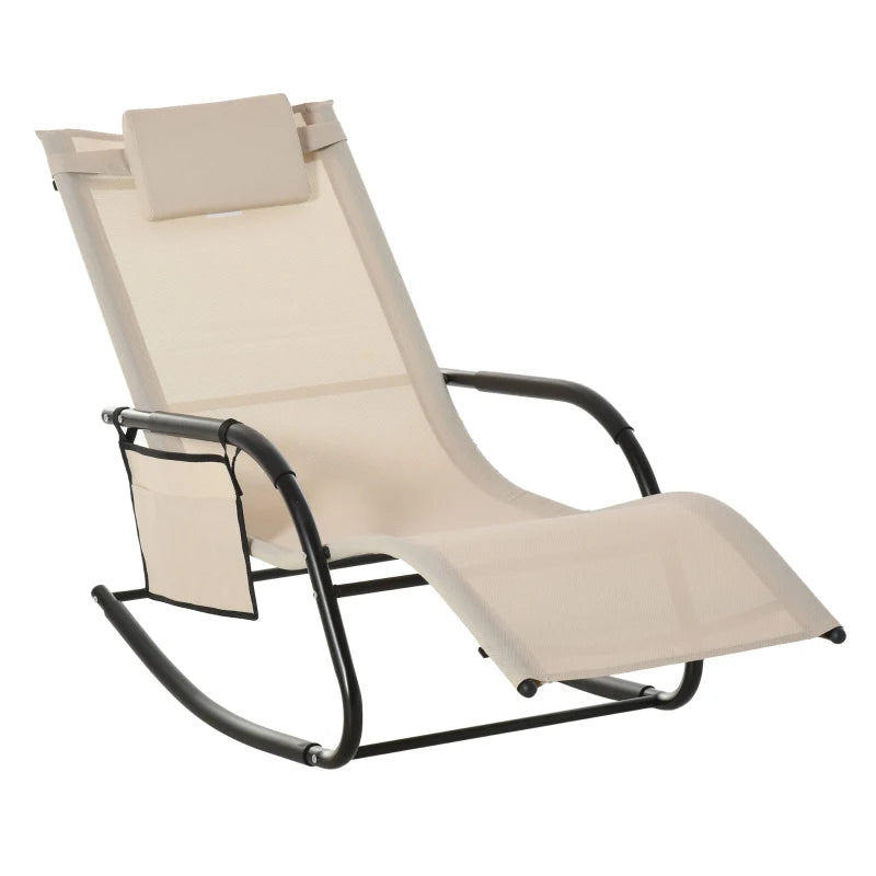 Outdoor Rocking Chair with Mesh Fabric, Headrest, Armrest, Storage Bag - Cream White