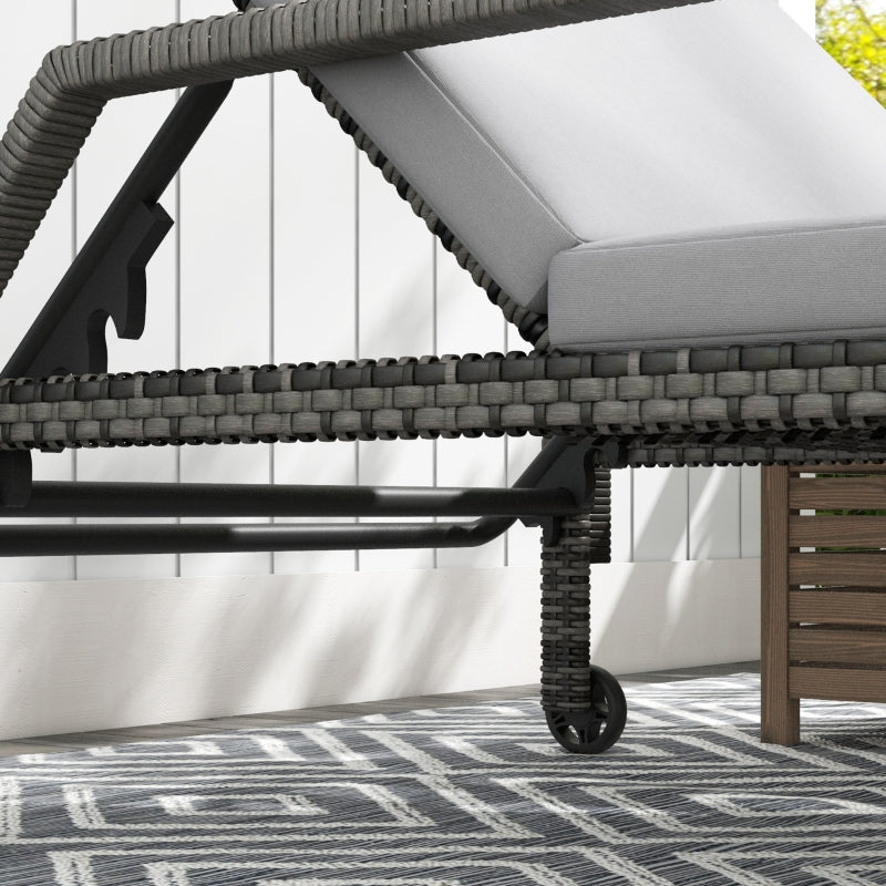 Rattan Wicker Outdoor Sun Lounger - Grey, Adjustable Backrest, 2 Wheels