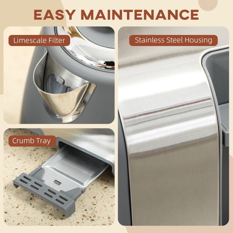 Stainless Steel Kettle & Toaster Set - 1.7L Rapid Boil Kettle with Strix Thermostat & 4-Slice Toaster, Grey/Silver