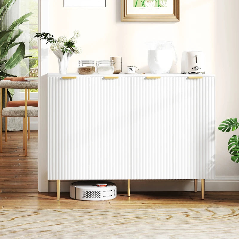 Modern White Sideboard Buffet Cabinet with 4 Doors, Adjustable Shelves & Metal Legs - Stylish Kitchen & Living Room Storage