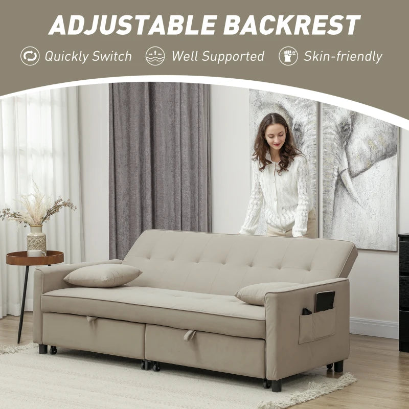 Three-Person Velvet Sofa Bed in Beige - Stylish and Comfortable for Any Living Space