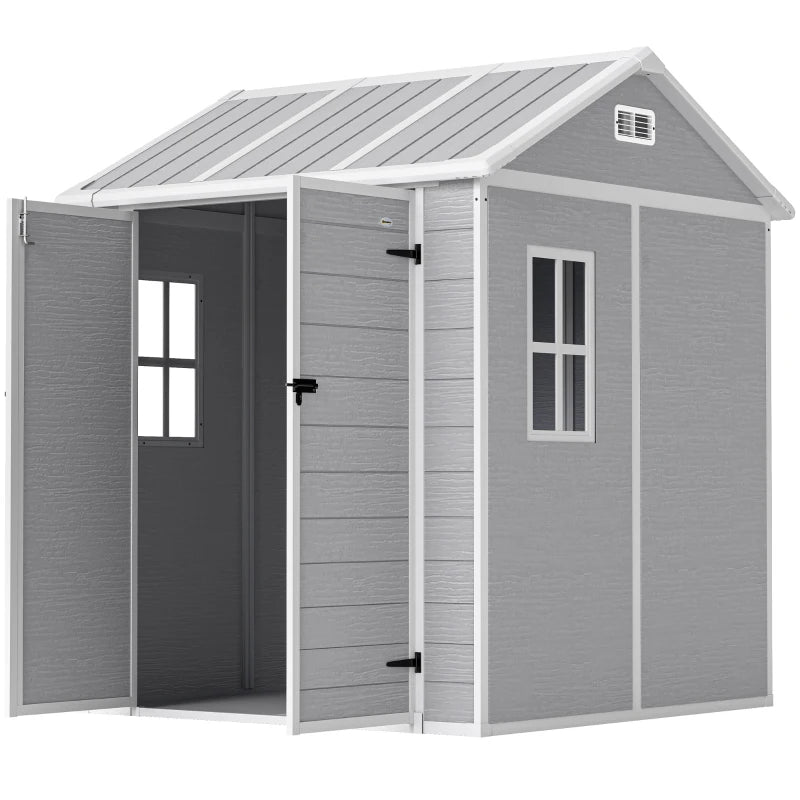 6ft x 6ft Garden Shed with Floor, Windows, Lockable Doors and Vents - Wood Effect Resin Tool Shed for Outdoor Patios