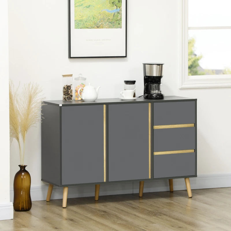 Modern Dark Grey Sideboard - Kitchen Cupboard with Double Doors, 3 Drawers & Adjustable Shelves for Living Dining Room