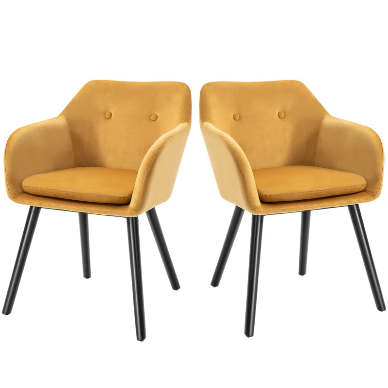 Modern Velvet-Touch Dining Chairs Set of 2 - Upholstered Leisure Chairs with Backrest & Armrests for Home Office & Kitchen - Yellow
