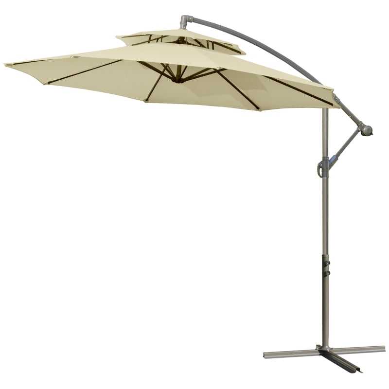 Beige Double Tier Cantilever Garden Umbrella with Crank Handle