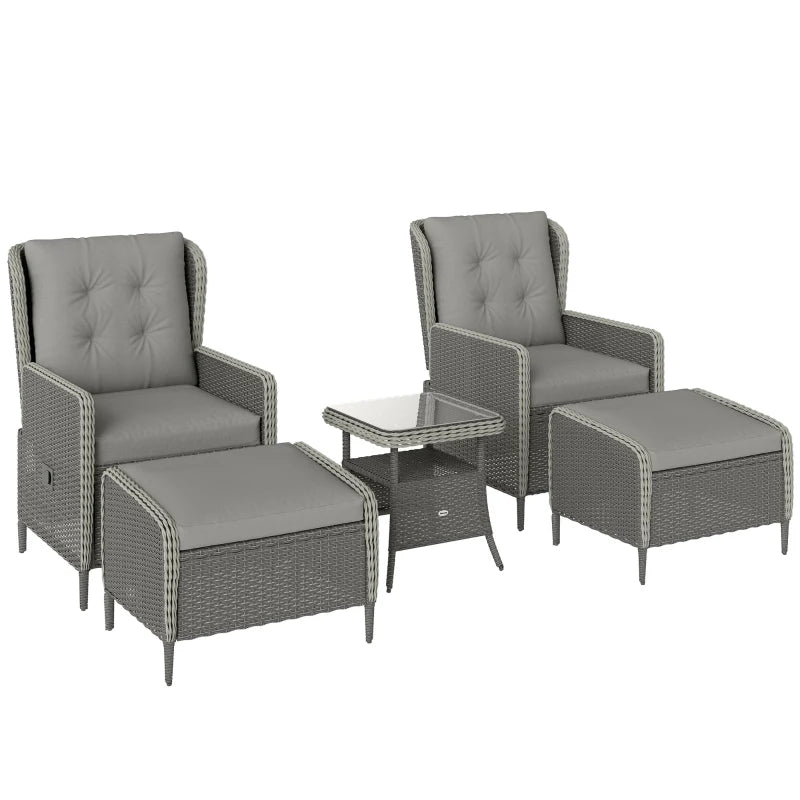 Five-Piece Charcoal Grey Reclining Rattan Chair Set for Outdoor Relaxation