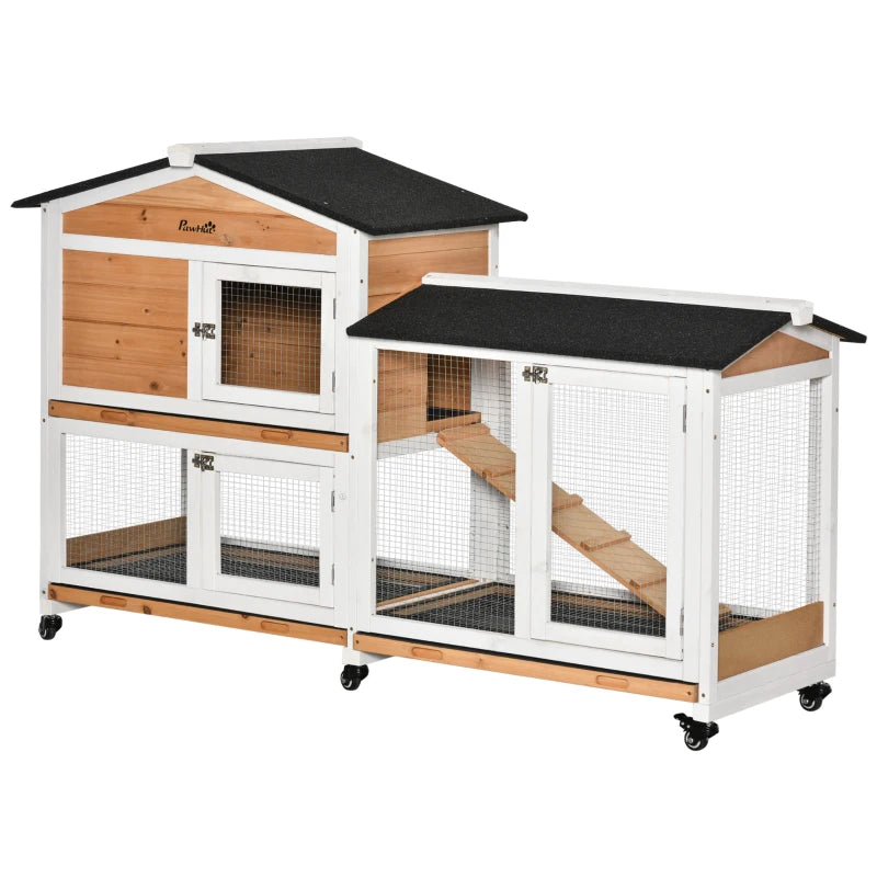 Outdoor Rabbit Hutch with Run - 2-Tier Guinea Pig Cage on Wheels, No-Leak Tray, 157.4x53x99.5 cm - Yellow