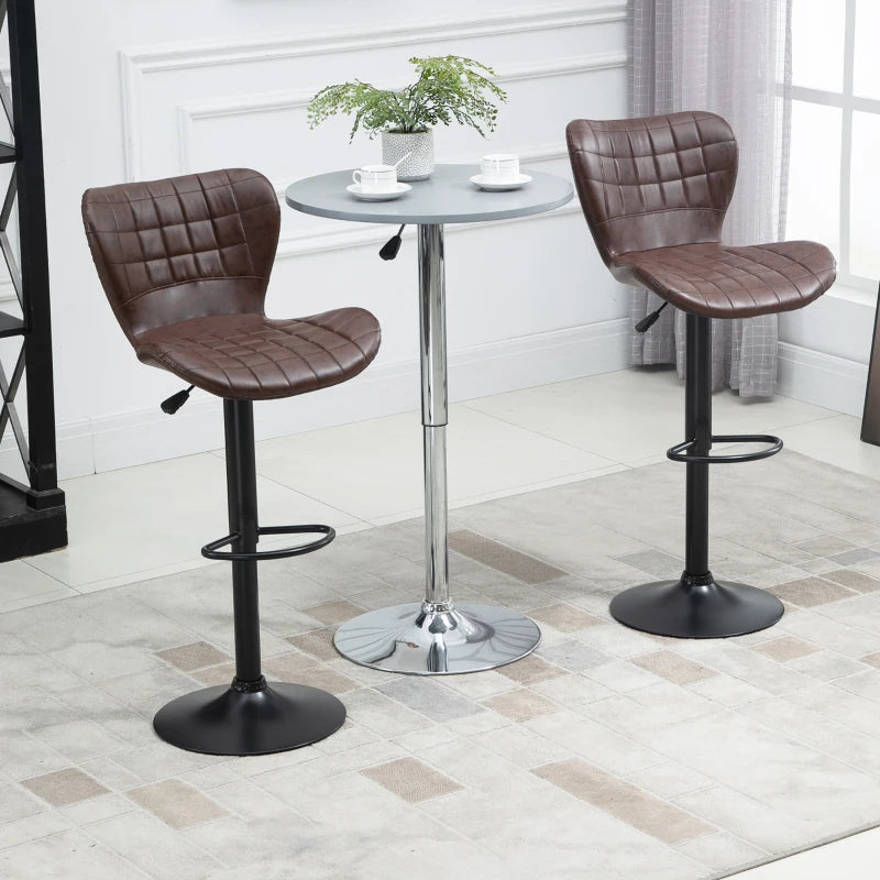 Set of 2 Adjustable Height Swivel Bar Stools in Brown PU Leather with Backrest & Footrest - Modern Design