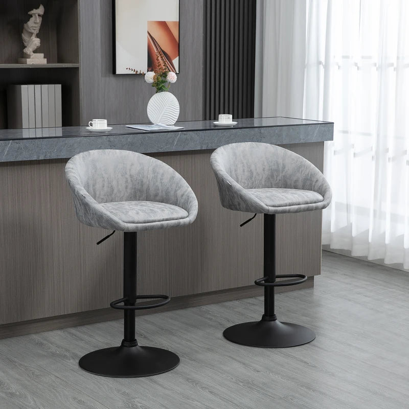 Modern Height Adjustable Bar Stools Set of 2 - Swivel PU Leather Chairs with Backrest, Armrests & Footrest - Light Grey