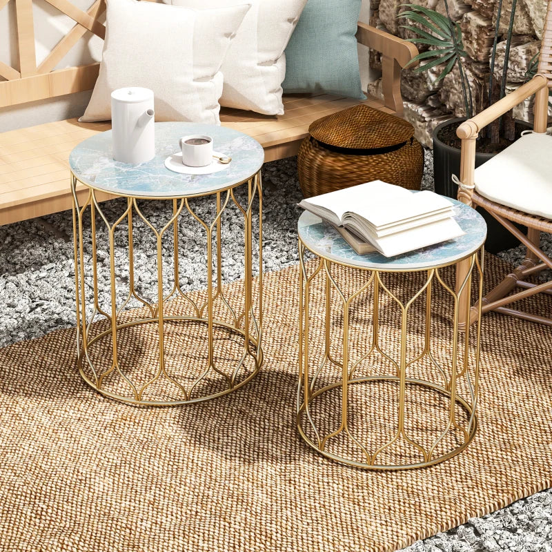 Multicoloured Ceramic Tile Top Nesting Side Table - Set of 2 - End Tables with Metal Frame