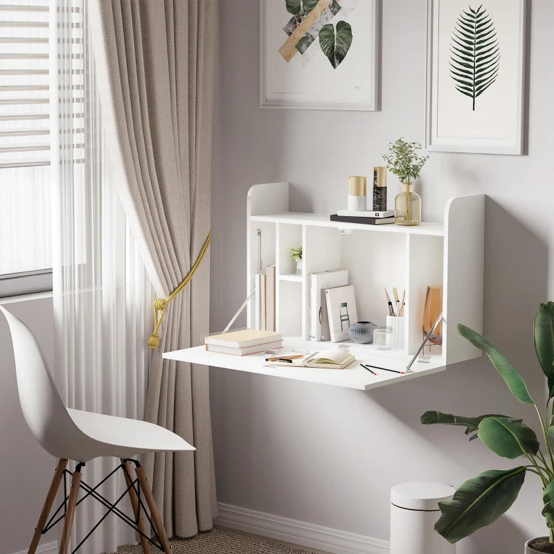 Wall Mounted Drop Leaf Laptop Desk with Storage - Space Saving Home Office Table, 77cm x 20cm x 51cm, White
