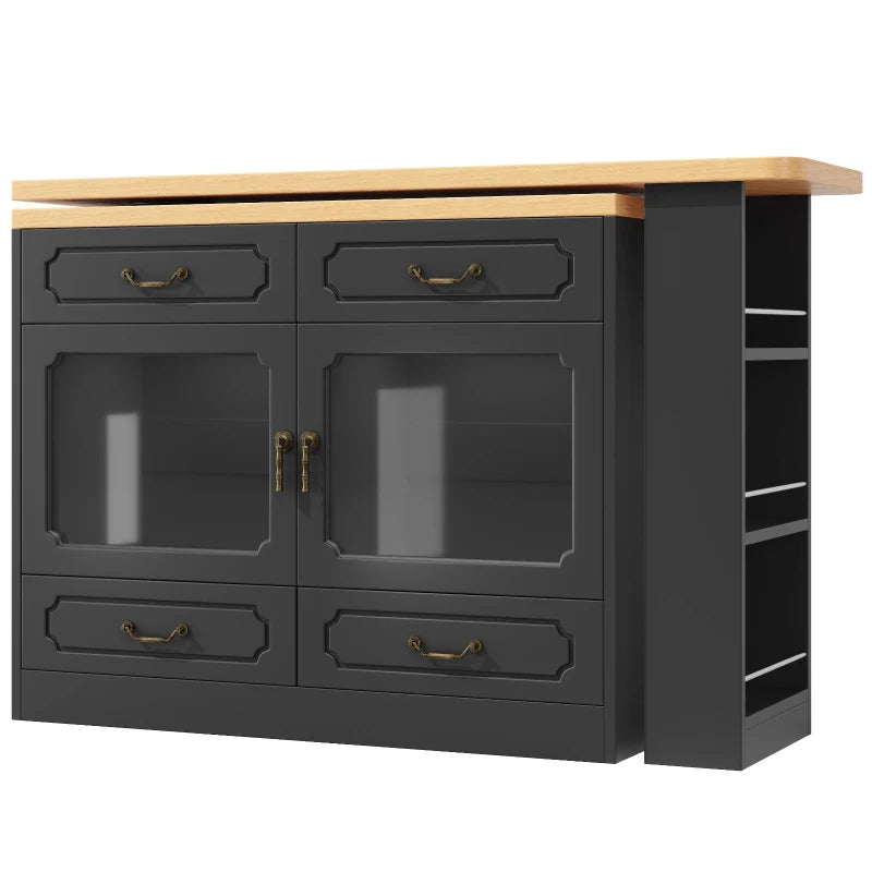 360° Rotating Bar Table with Spice Rack & Extendable Kitchen Island - 4 Drawers, Black, 135-203L x 39W x 93H cm
